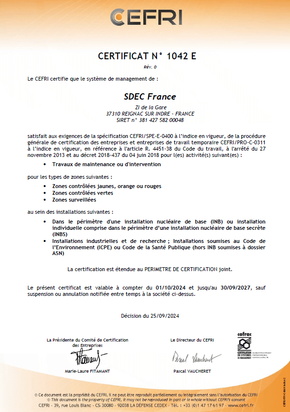 Certificat N° CEFRI 1042